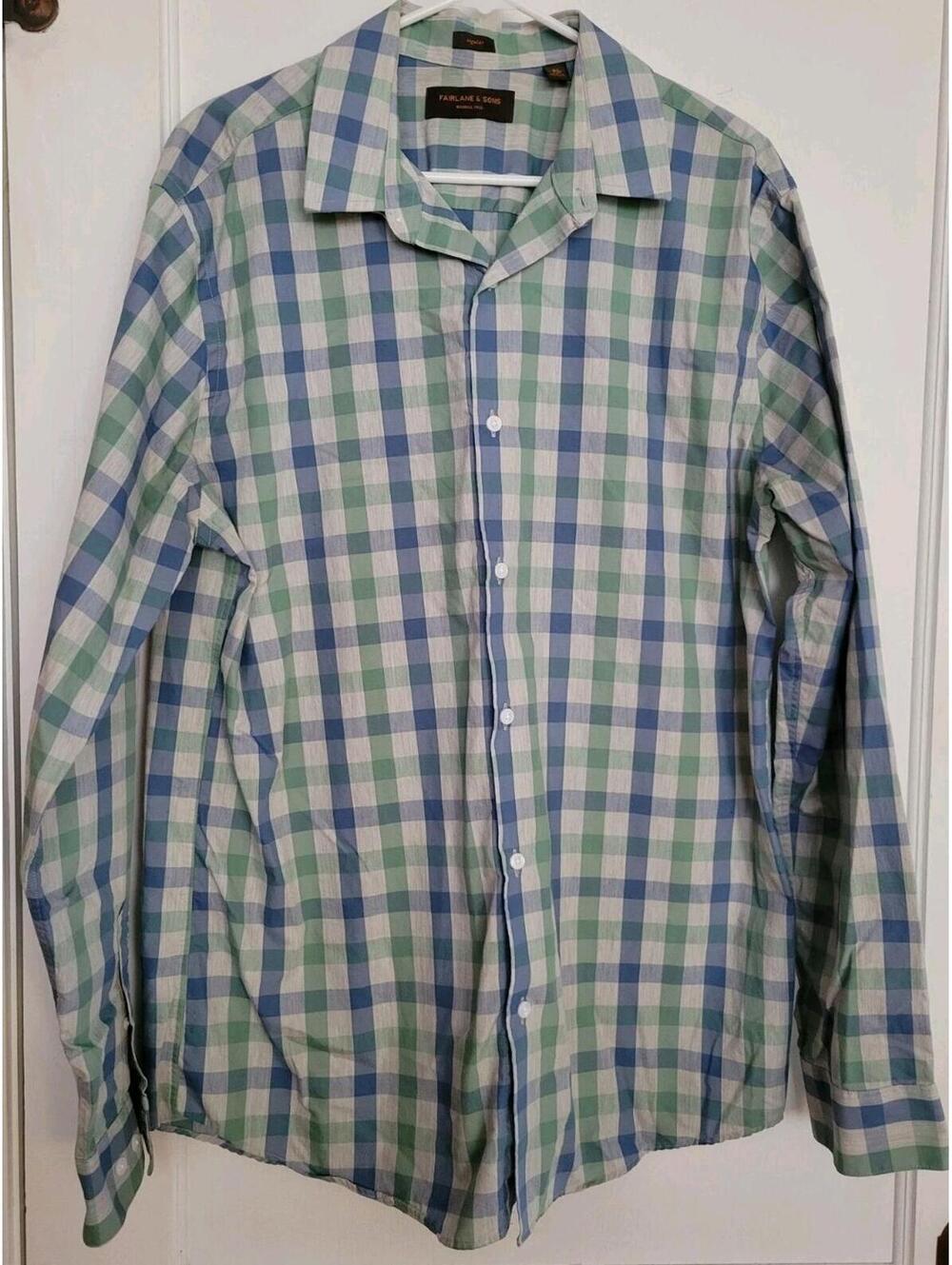 Fairlane & Sons Men’s XL Tall Blue Plaid Button Up Long Sleeve Casual Shirt